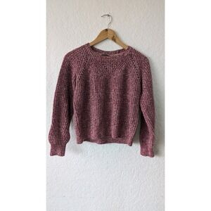 Denver Hayes Womens Burgundy Marled Knit Pointelle Crew Neck Sweater Medium